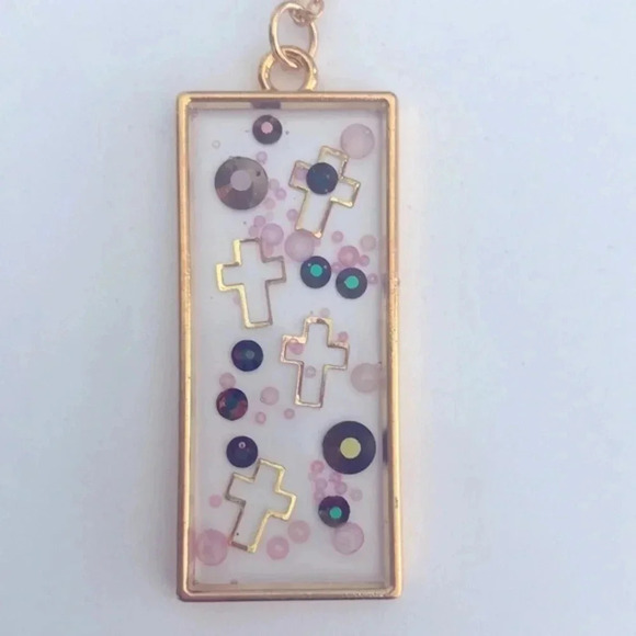 Handmade Pink Bejeweled Collage Resin Circle Ballet Cross Gold Necklace - Picture 1 of 4